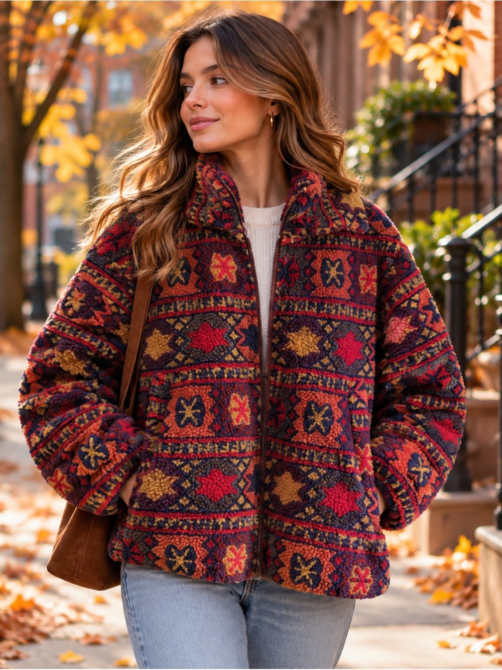 CIDER Women’s Small Multicolor Aztec Geometric Sherpa Fleece Zip Jacket